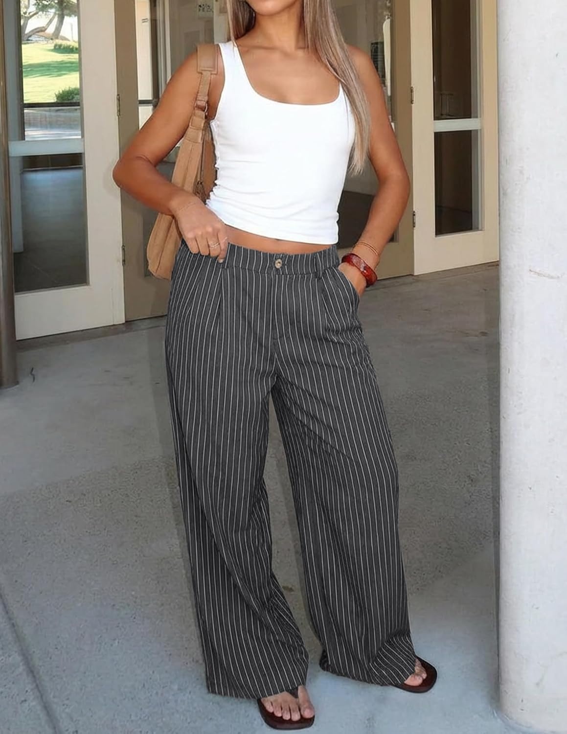 image:imageZESICA Womens Wide Leg Striped Business Work Palazzo Pants High Waist Button Down Side Pockets 2026 Straight Long Pant Dressy Office Slacks Work Trousers Early Fall FashionGrey
