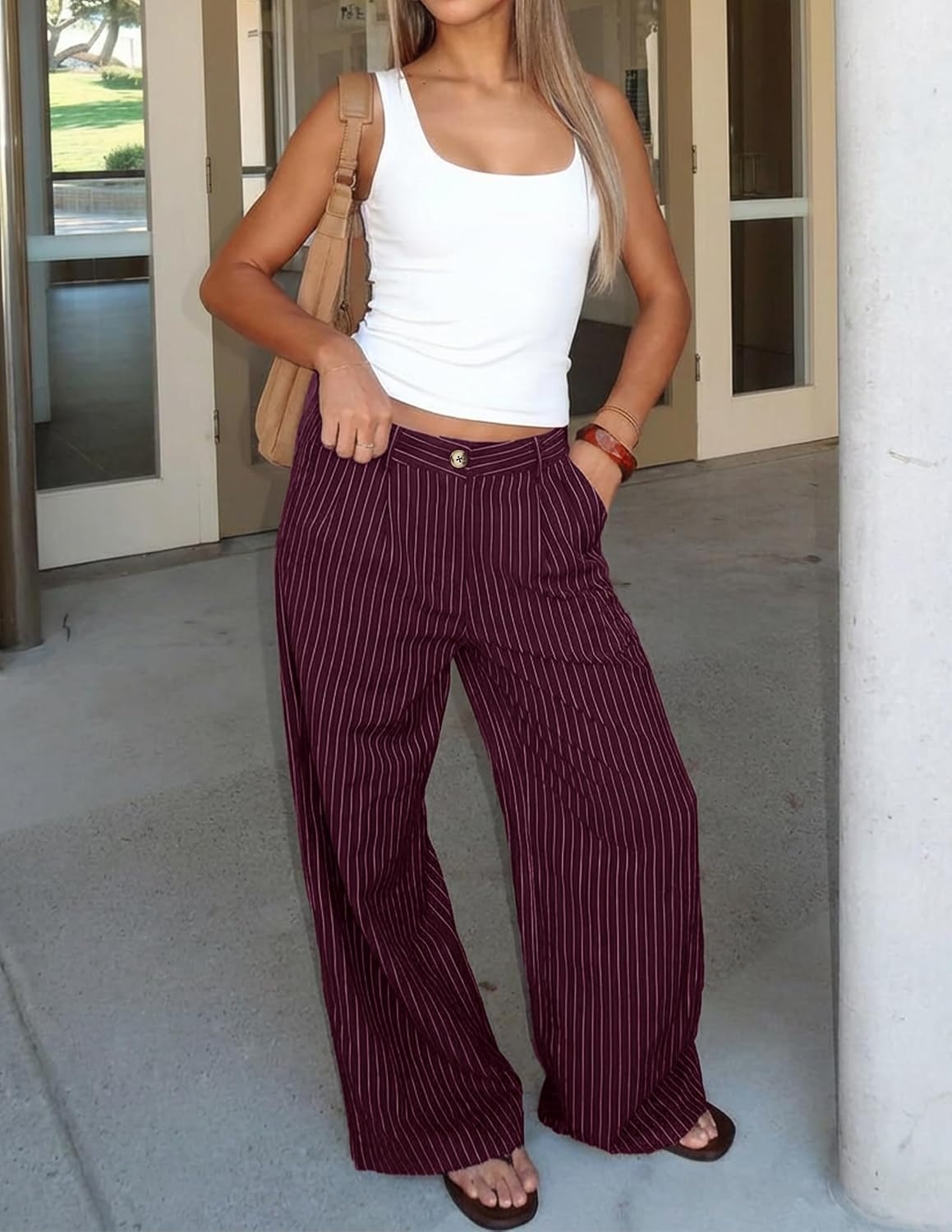 image:imageZESICA Womens Wide Leg Striped Business Work Palazzo Pants High Waist Button Down Side Pockets 2026 Straight Long Pant Dressy Office Slacks Work Trousers Early Fall FashionWine