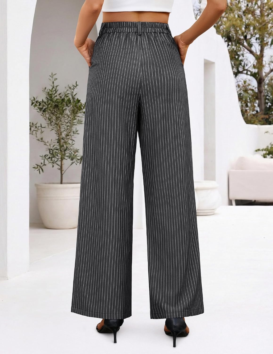 image:imageZESICA Womens Wide Leg Striped Business Work Palazzo Pants High Waist Button Down Side Pockets 2026 Straight Long Pant Dressy Office Slacks Work Trousers Early Fall FashionGrey
