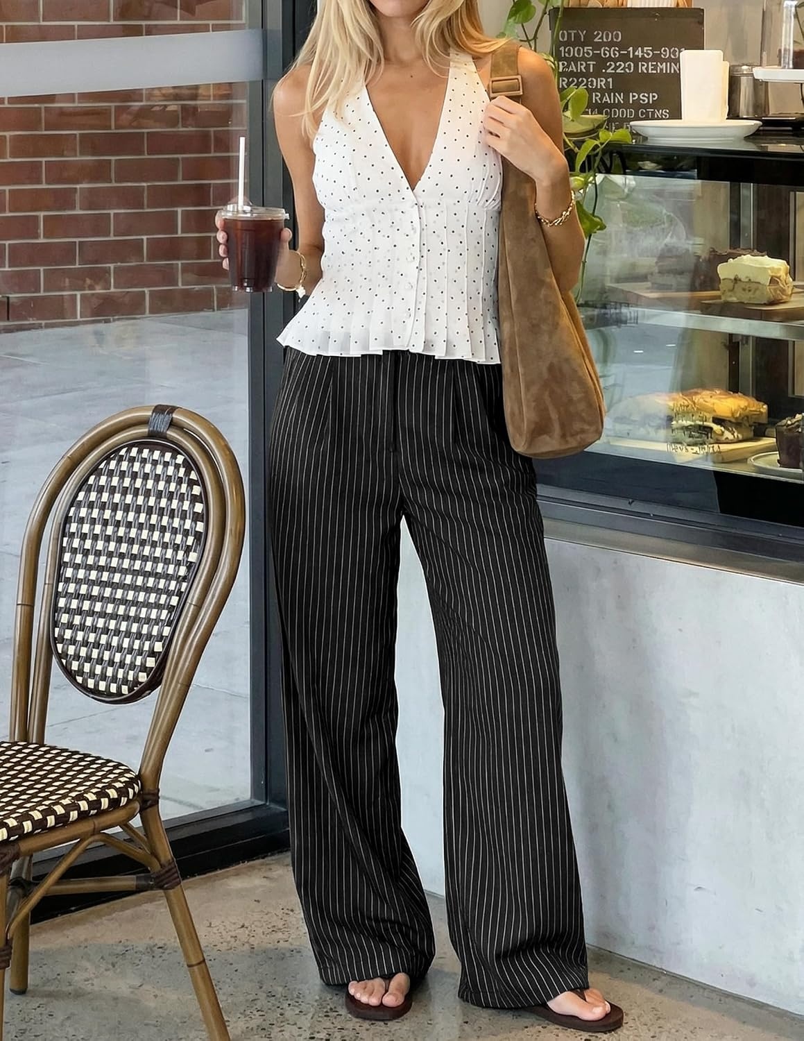 image:imageZESICA Womens Wide Leg Striped Business Work Palazzo Pants High Waist Button Down Side Pockets 2026 Straight Long Pant Dressy Office Slacks Work Trousers Early Fall FashionBlack