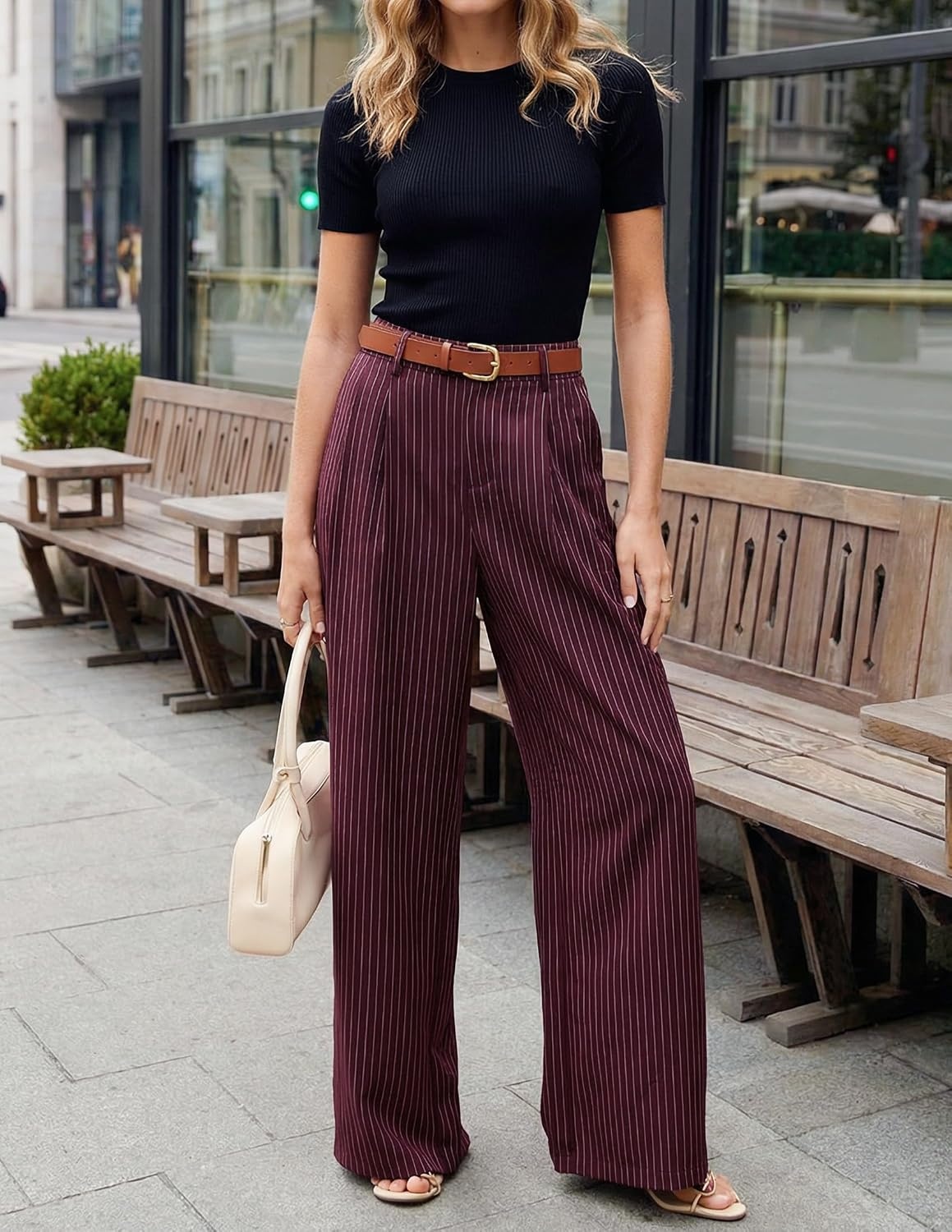 image:imageZESICA Womens Wide Leg Striped Business Work Palazzo Pants High Waist Button Down Side Pockets 2026 Straight Long Pant Dressy Office Slacks Work Trousers Early Fall FashionWine