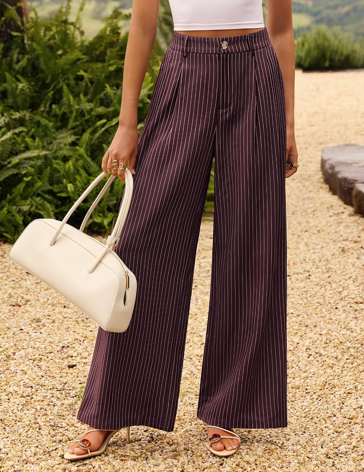 image:imageZESICA Womens Wide Leg Striped Business Work Palazzo Pants High Waist Button Down Side Pockets 2026 Straight Long Pant Dressy Office Slacks Work Trousers Early Fall FashionRedbrown