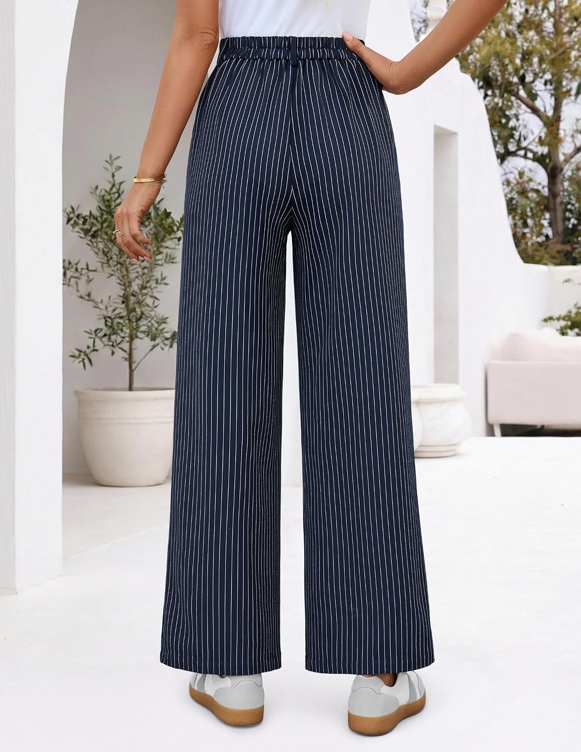 image:imageZESICA Womens Wide Leg Striped Business Work Palazzo Pants High Waist Button Down Side Pockets 2026 Straight Long Pant Dressy Office Slacks Work Trousers Early Fall FashionNavy
