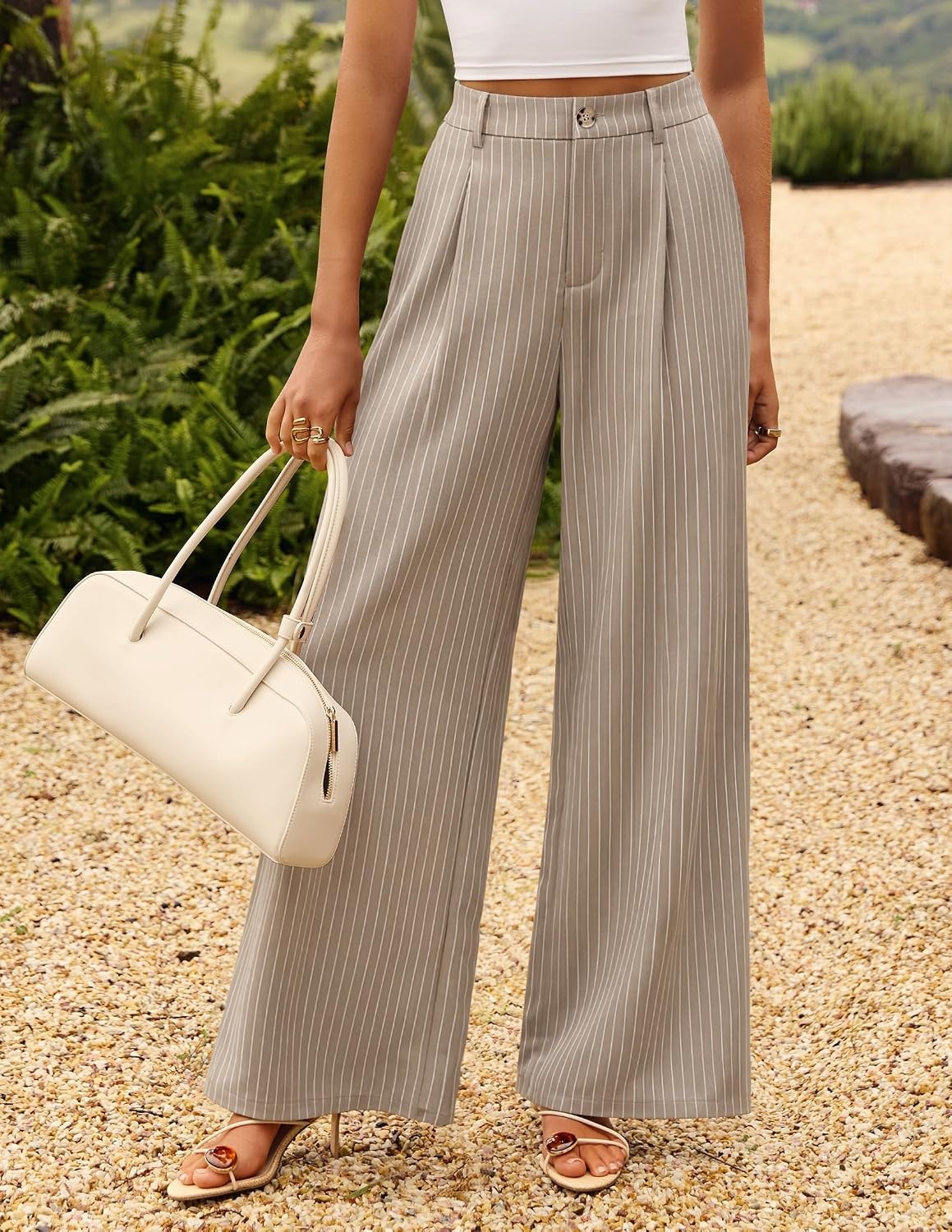 image:imageZESICA Womens Wide Leg Striped Business Work Palazzo Pants High Waist Button Down Side Pockets 2026 Straight Long Pant Dressy Office Slacks Work Trousers Early Fall FashionKhaki