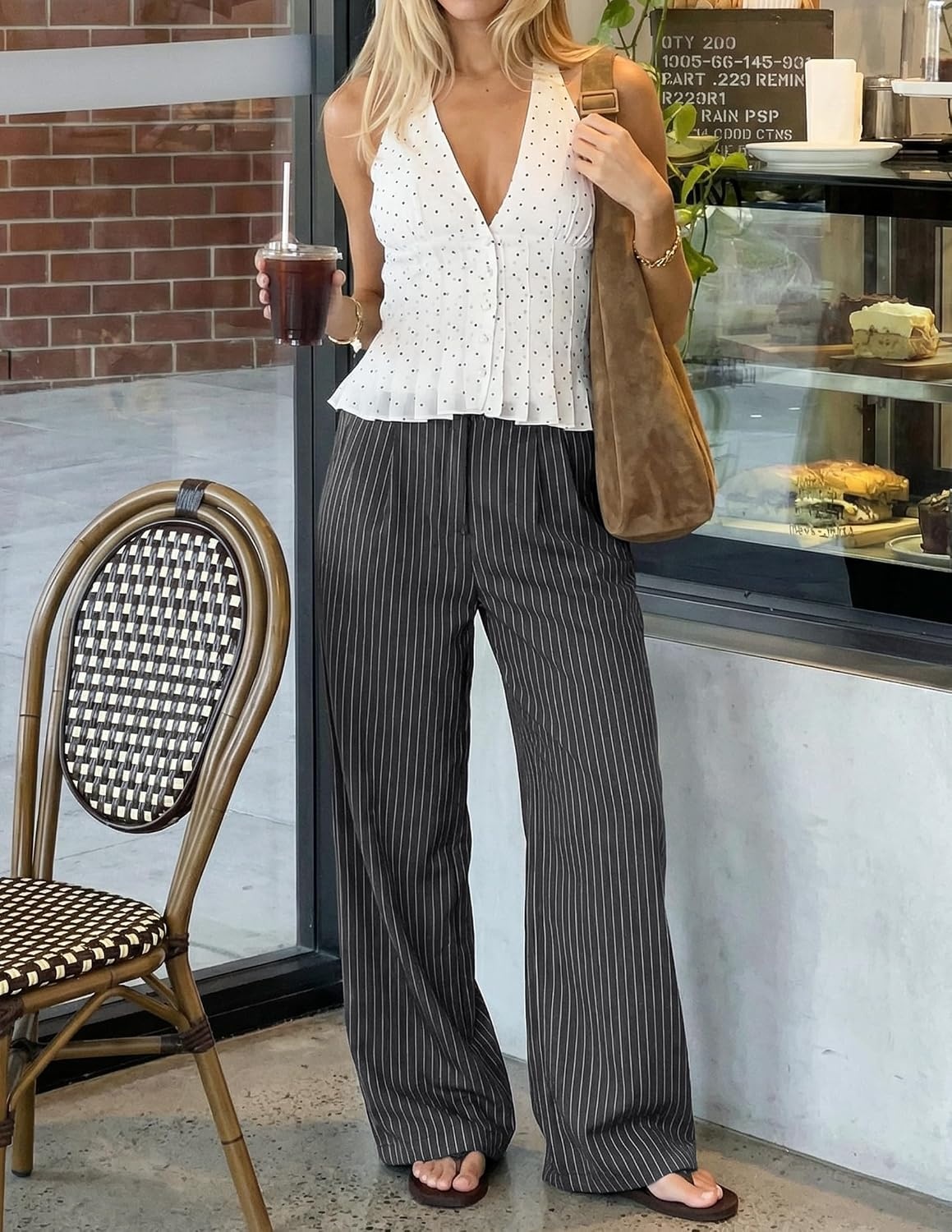 image:imageZESICA Womens Wide Leg Striped Business Work Palazzo Pants High Waist Button Down Side Pockets 2026 Straight Long Pant Dressy Office Slacks Work Trousers Early Fall FashionGrey