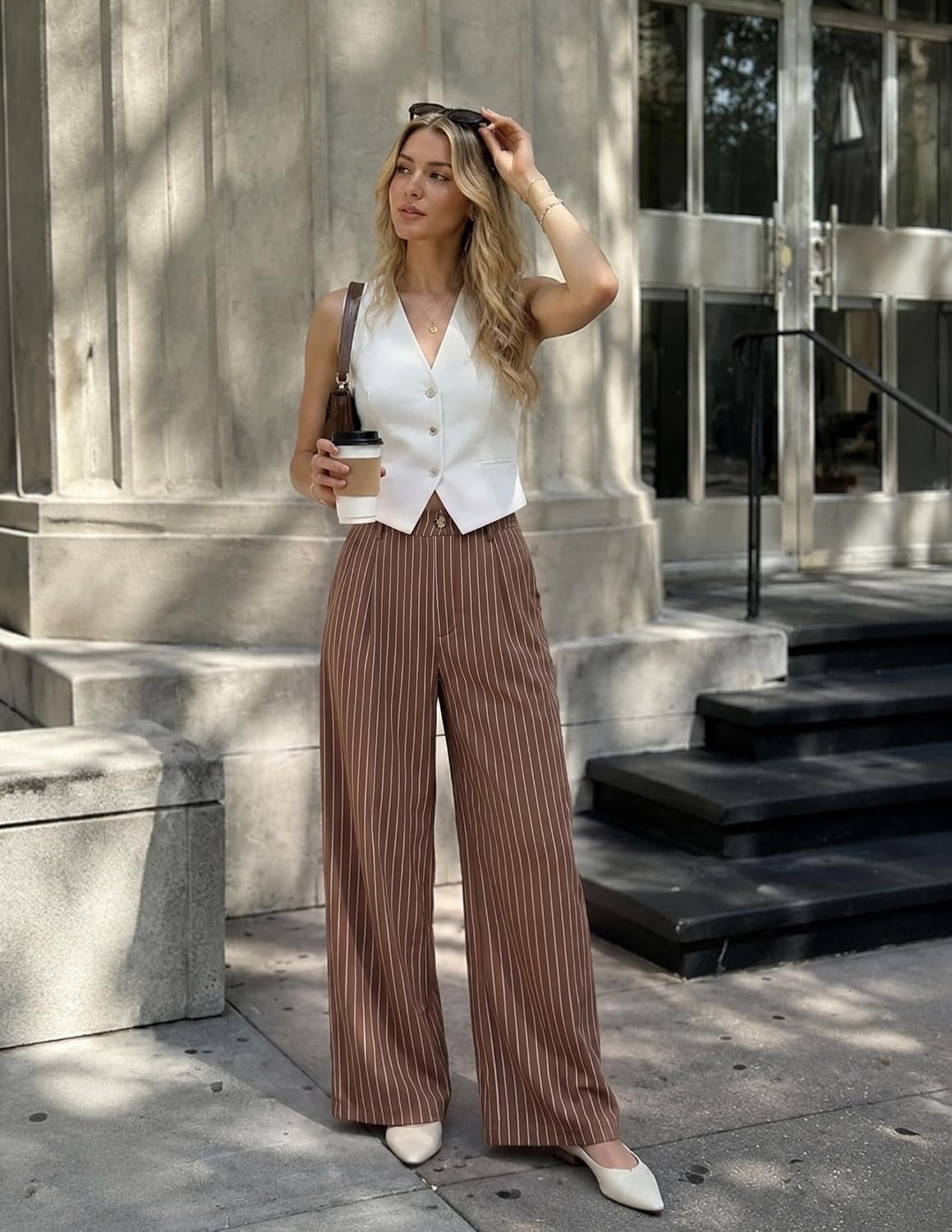 image:imageZESICA Womens Wide Leg Striped Business Work Palazzo Pants High Waist Button Down Side Pockets 2026 Straight Long Pant Dressy Office Slacks Work Trousers Early Fall FashionBrown