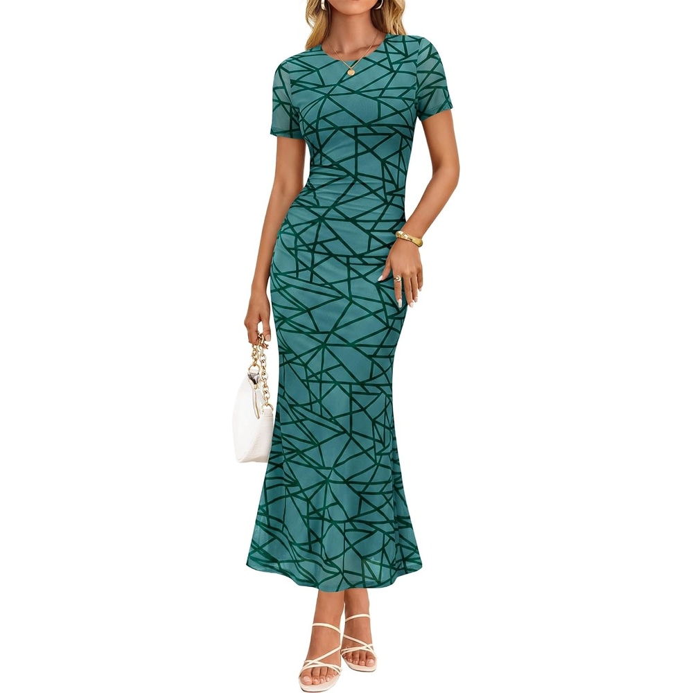 image:imageZESICA Women Summer 2026 Floral Short Sleeve Bodycon Mesh Maxi Formal Dress  Ruched Fitted Casual Work Dress Elegant Bridal Shower Dress Wedding Guest Cocktail Party Dress Brunch Dinner OutfitsGeometric