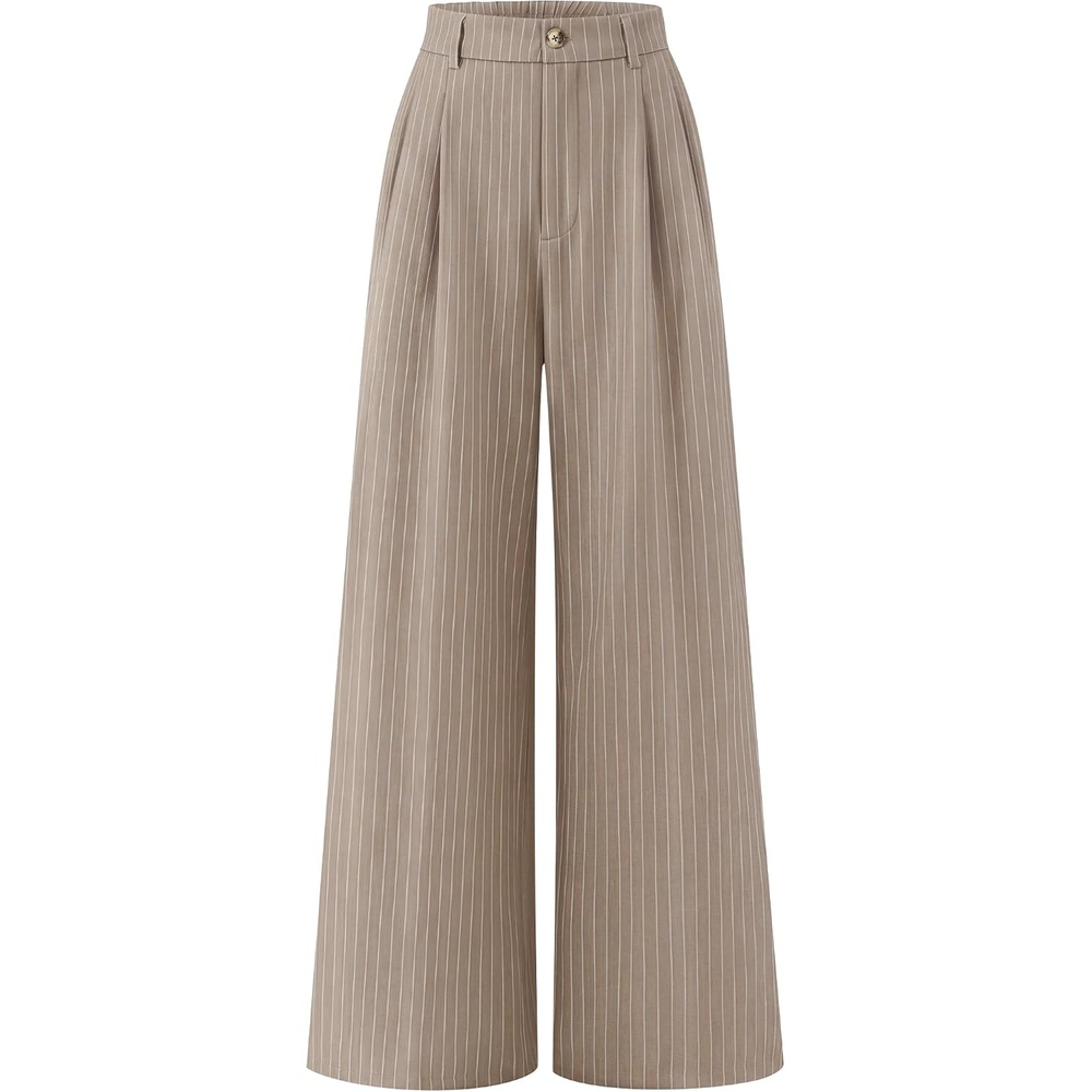 image:imageZESICA Womens Wide Leg Striped Business Work Palazzo Pants  High Waist Button Down Side Pockets 2026 Straight Long Pant Dressy Office Slacks Work Trousers Early Fall FashionKhaki