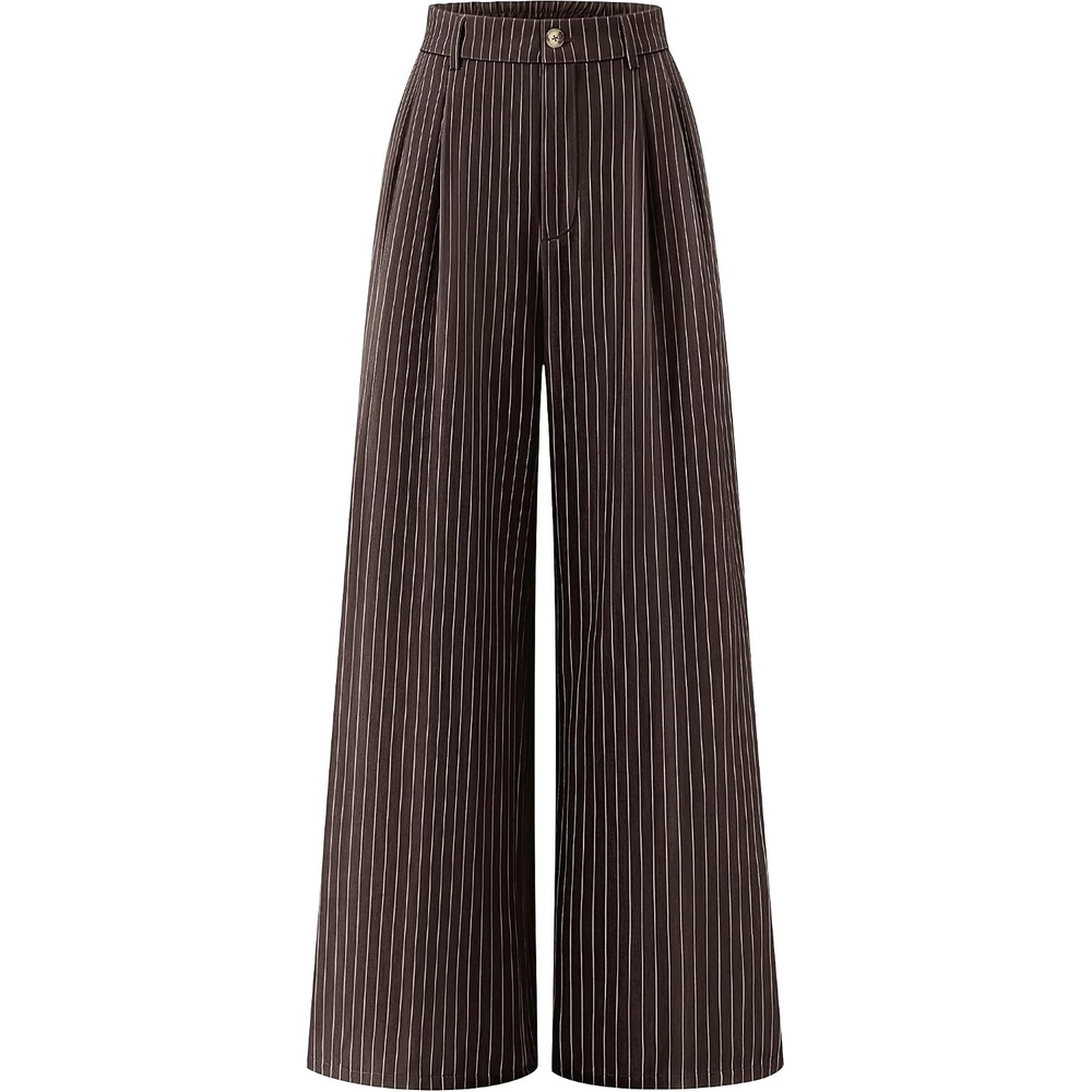 image:imageZESICA Womens Wide Leg Striped Business Work Palazzo Pants High Waist Button Down Side Pockets 2026 Straight Long Pant Dressy Office Slacks Work Trousers Early Fall FashionCoffee