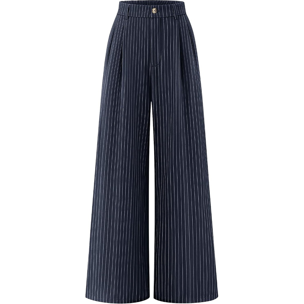 image:imageZESICA Womens Wide Leg Striped Business Work Palazzo Pants High Waist Button Down Side Pockets 2026 Straight Long Pant Dressy Office Slacks Work Trousers Early Fall FashionNavy