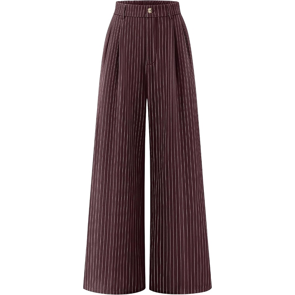 image:imageZESICA Womens Wide Leg Striped Business Work Palazzo Pants High Waist Button Down Side Pockets 2026 Straight Long Pant Dressy Office Slacks Work Trousers Early Fall FashionRedbrown