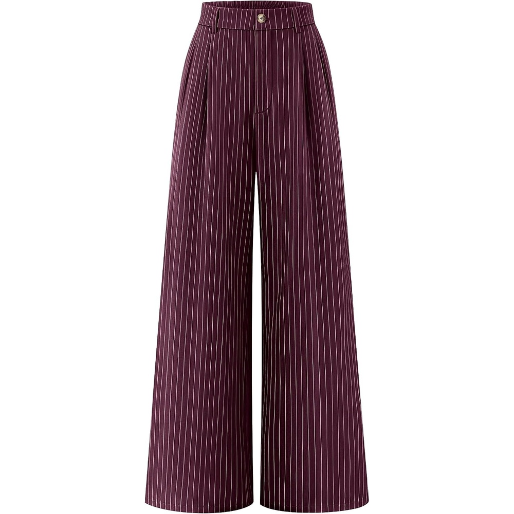 image:imageZESICA Womens Wide Leg Striped Business Work Palazzo Pants High Waist Button Down Side Pockets 2026 Straight Long Pant Dressy Office Slacks Work Trousers Early Fall FashionWine