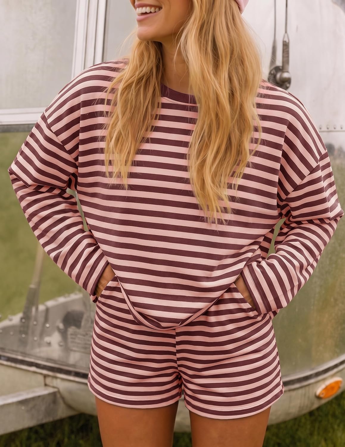 image:imageZESICA Womens 2 Piece Striped Short Sets Fall Lounge Outfit Long Sleeve Tops and Shorts Loose Fit Comfy Matching Sets Cute Pajamas Airport Travel ClothesPink