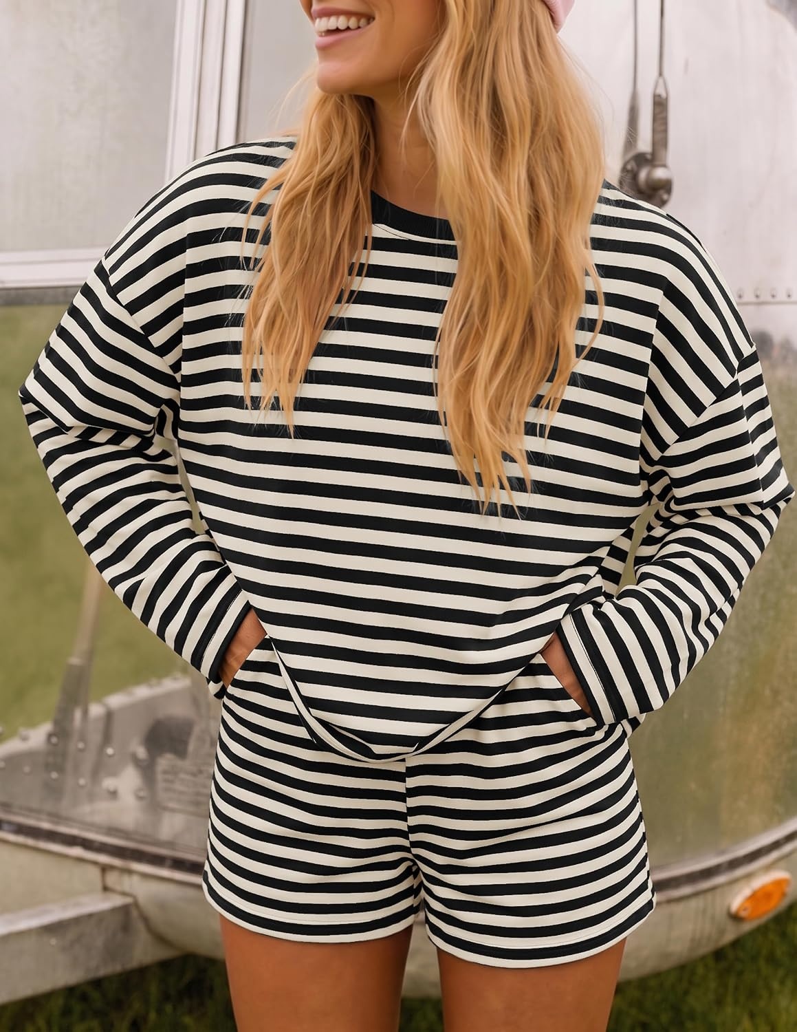 image:imageZESICA Womens 2 Piece Striped Short Sets Fall Lounge Outfit Long Sleeve Tops and Shorts Loose Fit Comfy Matching Sets Cute Pajamas Airport Travel ClothesBlack