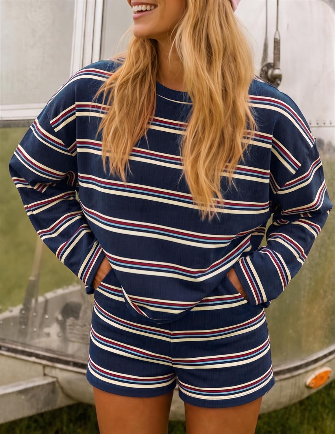 image:imageZESICA Womens 2 Piece Striped Short Sets Fall Lounge Outfit Long Sleeve Tops and Shorts Loose Fit Comfy Matching Sets Cute Pajamas Airport Travel ClothesNavy