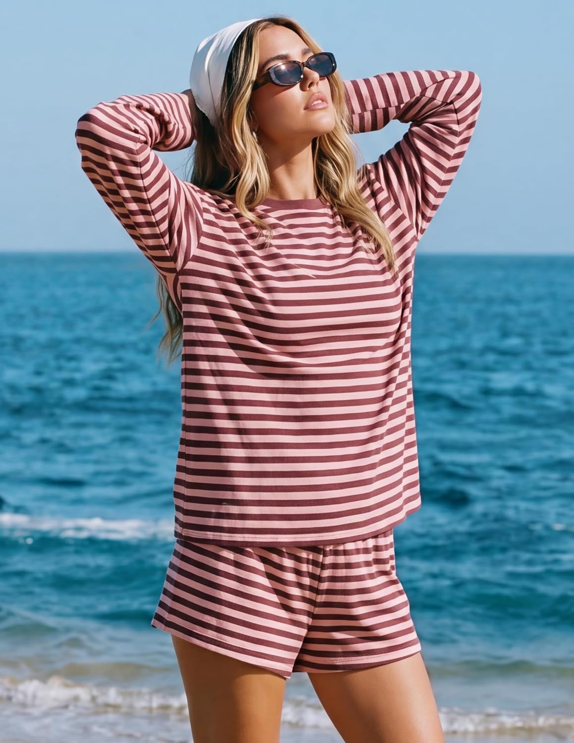 image:imageZESICA Womens 2 Piece Striped Short Sets Fall Lounge Outfit Long Sleeve Tops and Shorts Loose Fit Comfy Matching Sets Cute Pajamas Airport Travel ClothesPink