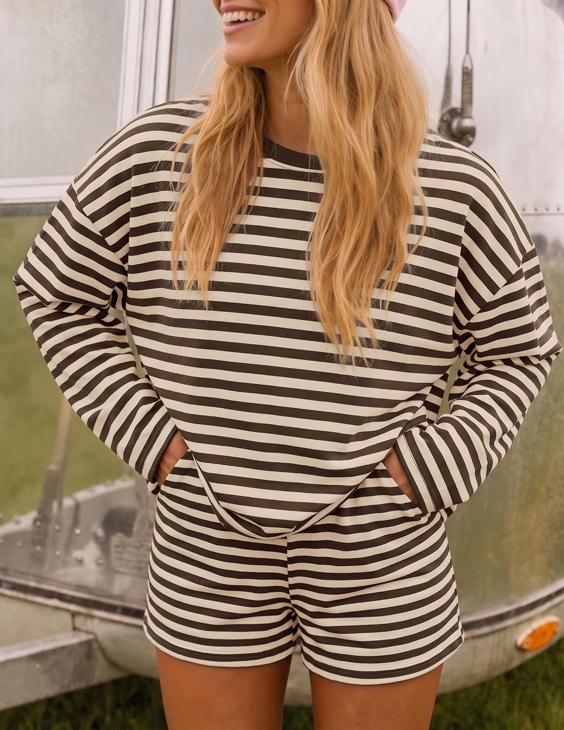 image:imageZESICA Womens 2 Piece Striped Short Sets Fall Lounge Outfit Long Sleeve Tops and Shorts Loose Fit Comfy Matching Sets Cute Pajamas Airport Travel ClothesApricot