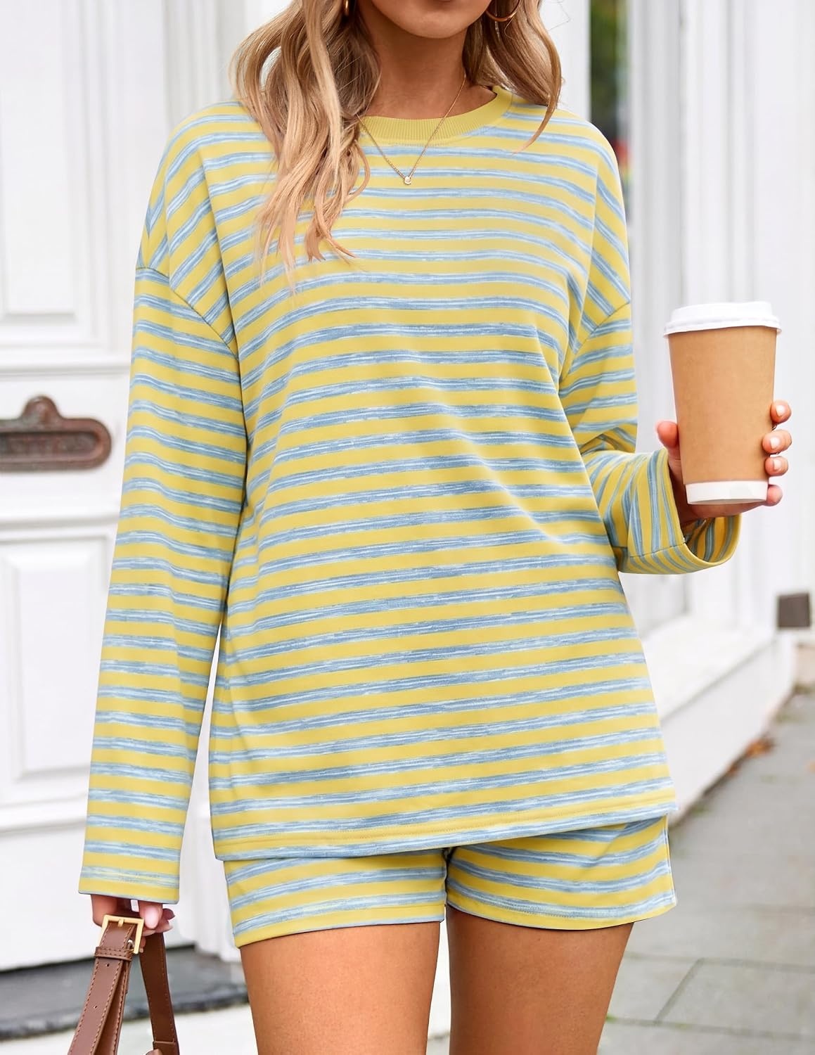 image:imageZESICA Womens 2 Piece Striped Short Sets Fall Lounge Outfit Long Sleeve Tops and Shorts Loose Fit Comfy Matching Sets Cute Pajamas Airport Travel ClothesJonquil