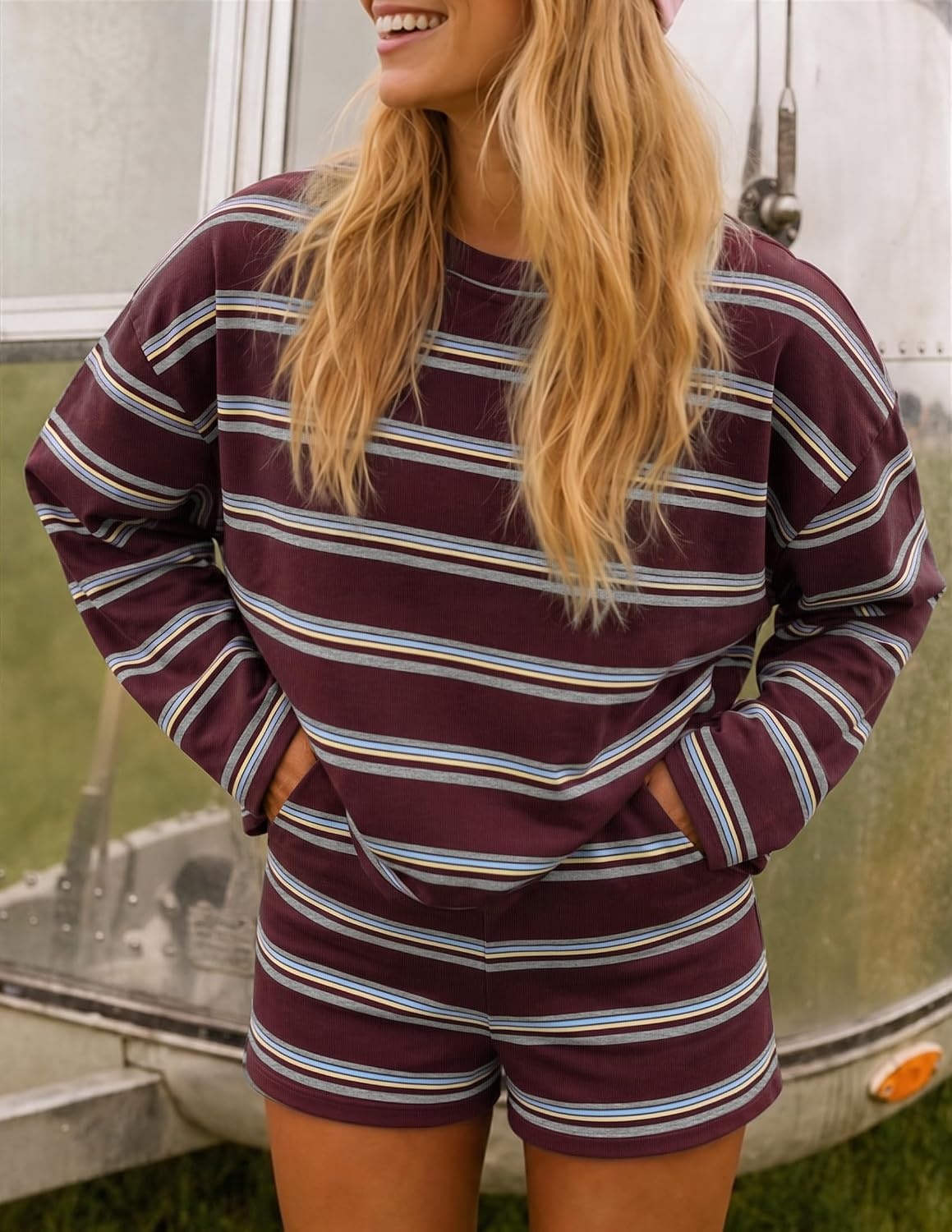 image:imageZESICA Womens 2 Piece Striped Short Sets Fall Lounge Outfit Long Sleeve Tops and Shorts Loose Fit Comfy Matching Sets Cute Pajamas Airport Travel ClothesBurgundyred