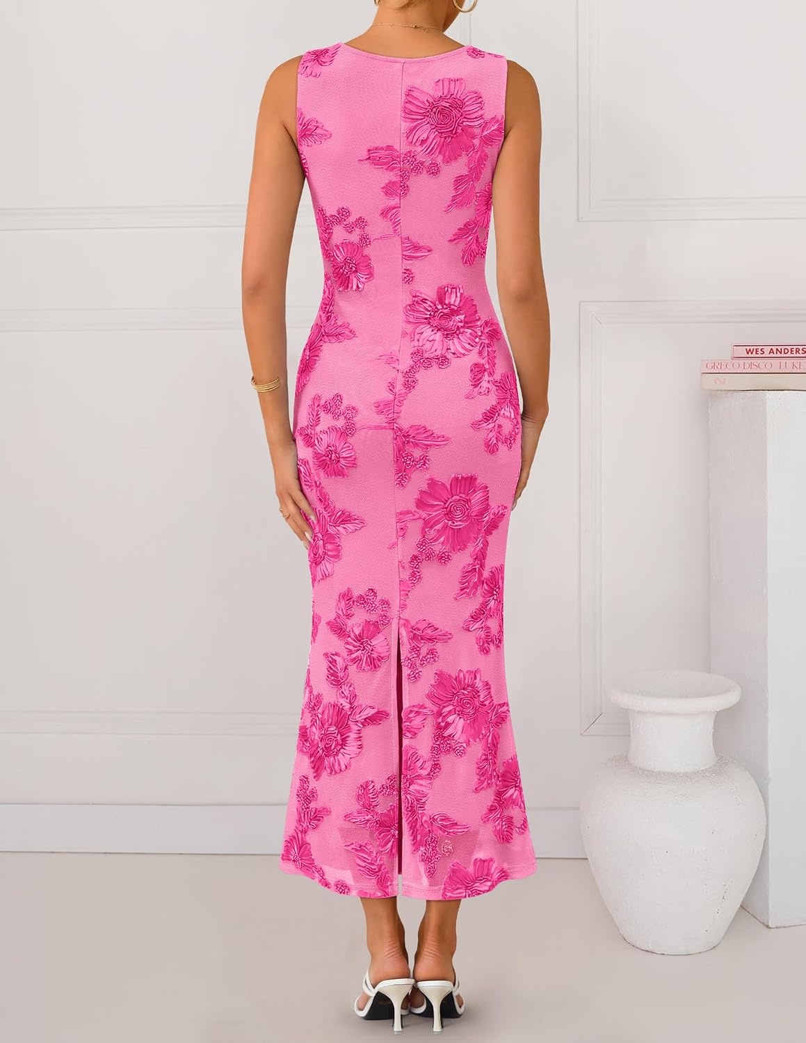 image:imageZESICA Womens Floral Mesh Slit Bodycon Wedding Guest Cocktail Midi Dress 2026 Summer Sleeveless Semi Formal Party Elegant Bridal Shower Bridesmaid Sexy Prom Beach Vacation Birthday DressesRose