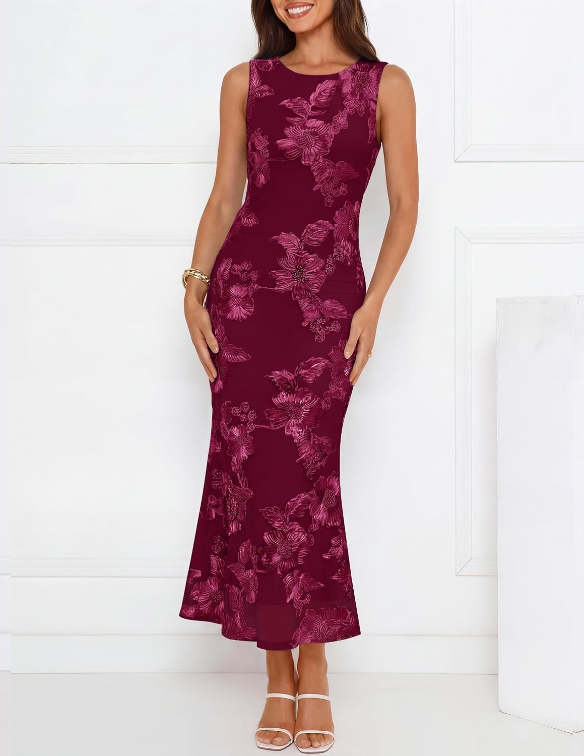 image:imageZESICA Womens Floral Mesh Slit Bodycon Wedding Guest Cocktail Midi Dress 2026 Summer Sleeveless Semi Formal Party Elegant Bridal Shower Bridesmaid Sexy Prom Beach Vacation Birthday DressesWine