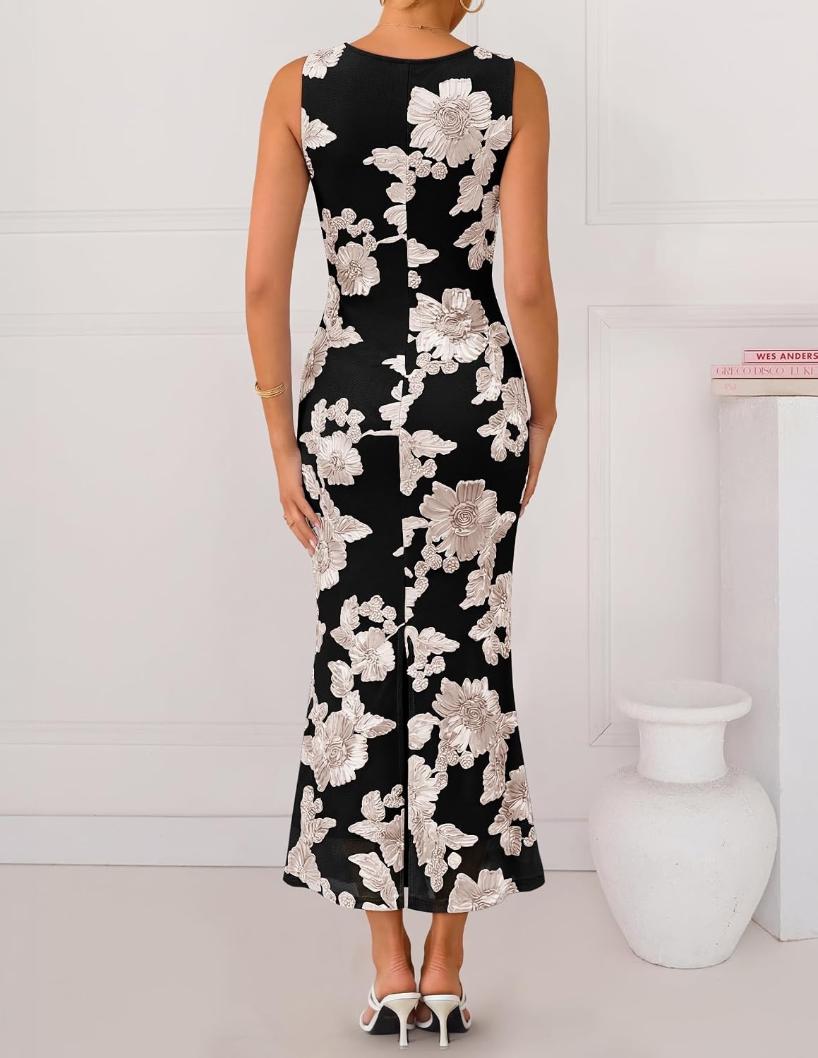 image:imageZESICA Womens Floral Mesh Slit Bodycon Wedding Guest Cocktail Midi Dress 2026 Summer Sleeveless Semi Formal Party Elegant Bridal Shower Bridesmaid Sexy Prom Beach Vacation Birthday DressesBlack