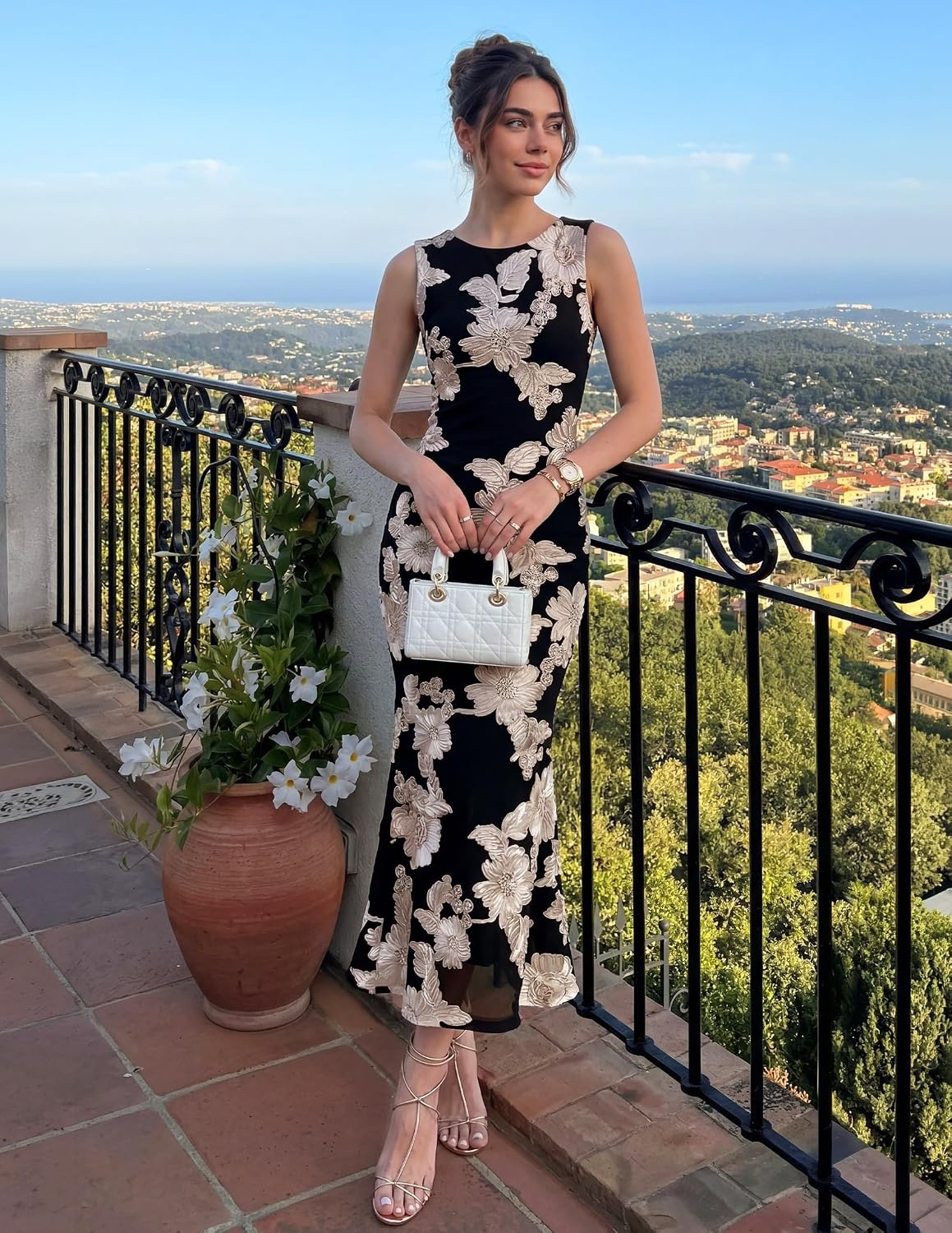 image:imageZESICA Womens Floral Mesh Slit Bodycon Wedding Guest Cocktail Midi Dress 2026 Summer Sleeveless Semi Formal Party Elegant Bridal Shower Bridesmaid Sexy Prom Beach Vacation Birthday DressesBlack