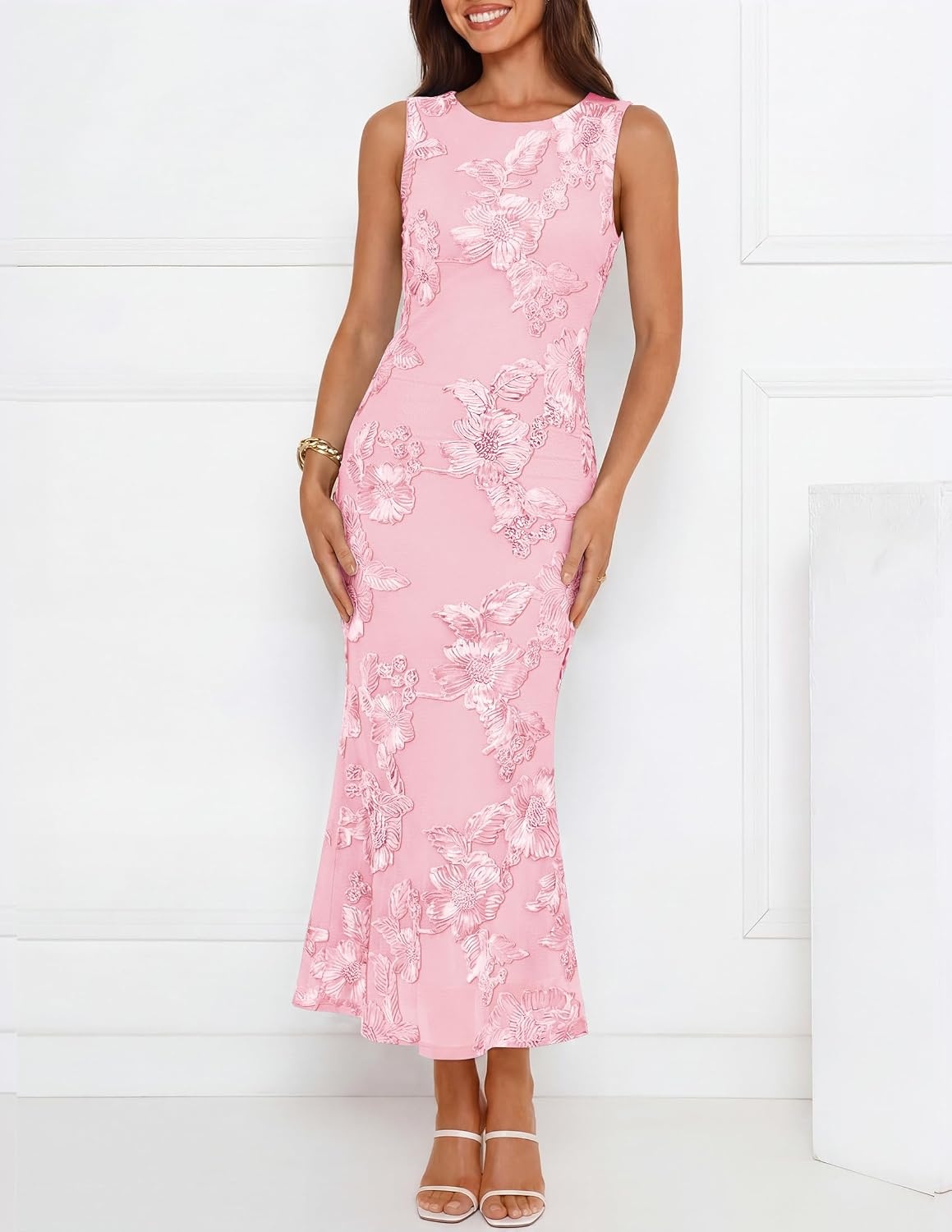 image:imageZESICA Womens Floral Mesh Slit Bodycon Wedding Guest Cocktail Midi Dress 2026 Summer Sleeveless Semi Formal Party Elegant Bridal Shower Bridesmaid Sexy Prom Beach Vacation Birthday DressesLightpink