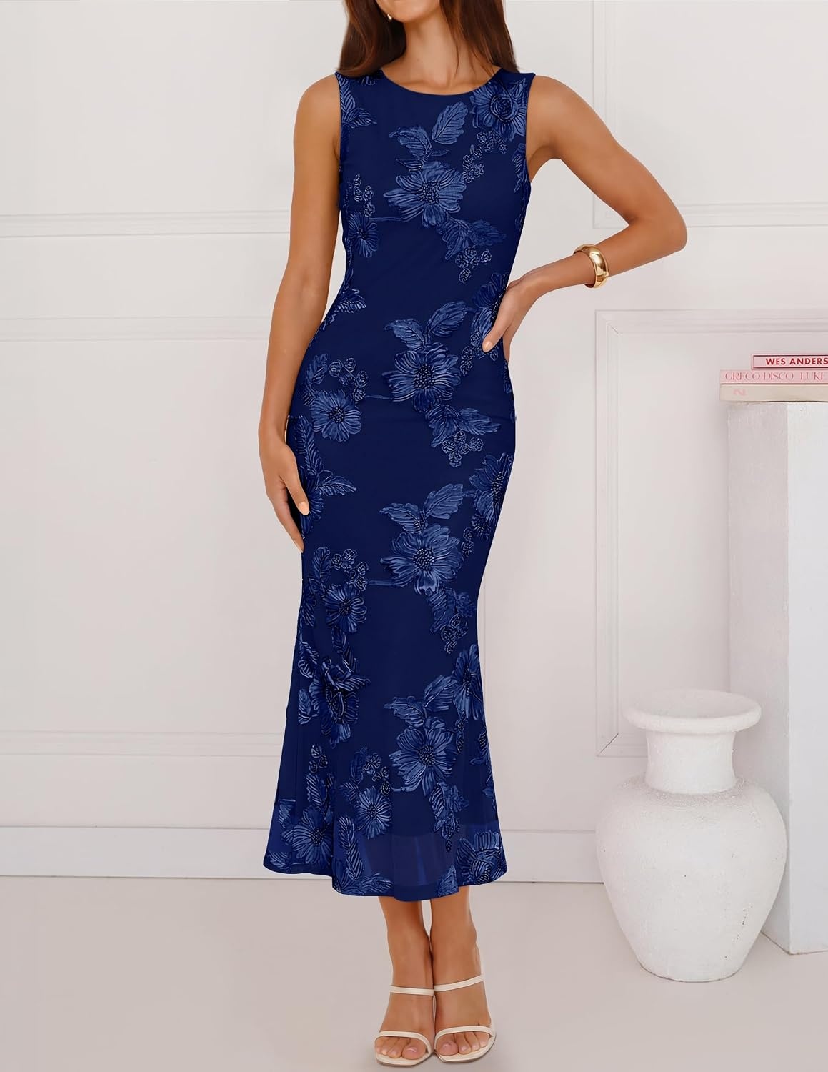 image:imageZESICA Womens Floral Mesh Slit Bodycon Wedding Guest Cocktail Midi Dress 2026 Summer Sleeveless Semi Formal Party Elegant Bridal Shower Bridesmaid Sexy Prom Beach Vacation Birthday DressesNavy