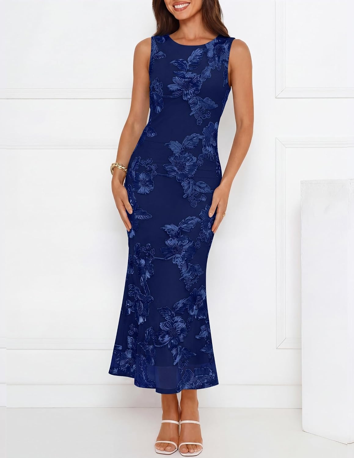 image:imageZESICA Womens Floral Mesh Slit Bodycon Wedding Guest Cocktail Midi Dress 2026 Summer Sleeveless Semi Formal Party Elegant Bridal Shower Bridesmaid Sexy Prom Beach Vacation Birthday DressesNavy