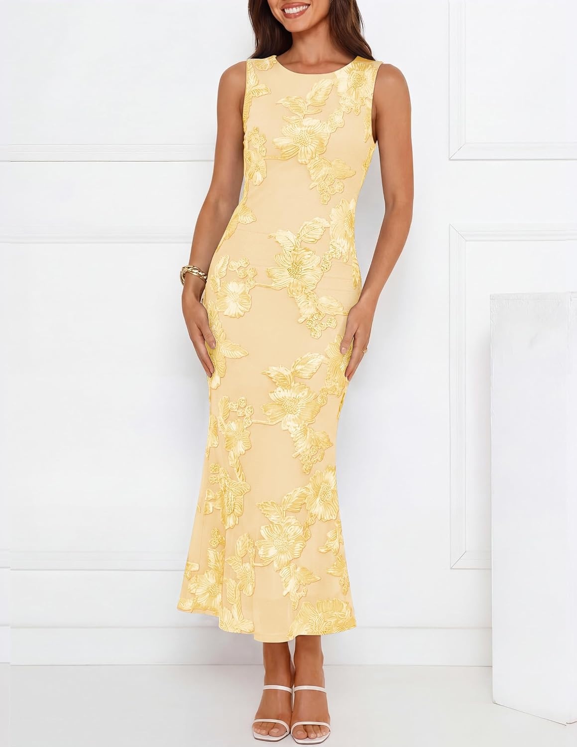 image:imageZESICA Womens Floral Mesh Slit Bodycon Wedding Guest Cocktail Midi Dress 2026 Summer Sleeveless Semi Formal Party Elegant Bridal Shower Bridesmaid Sexy Prom Beach Vacation Birthday DressesYellow