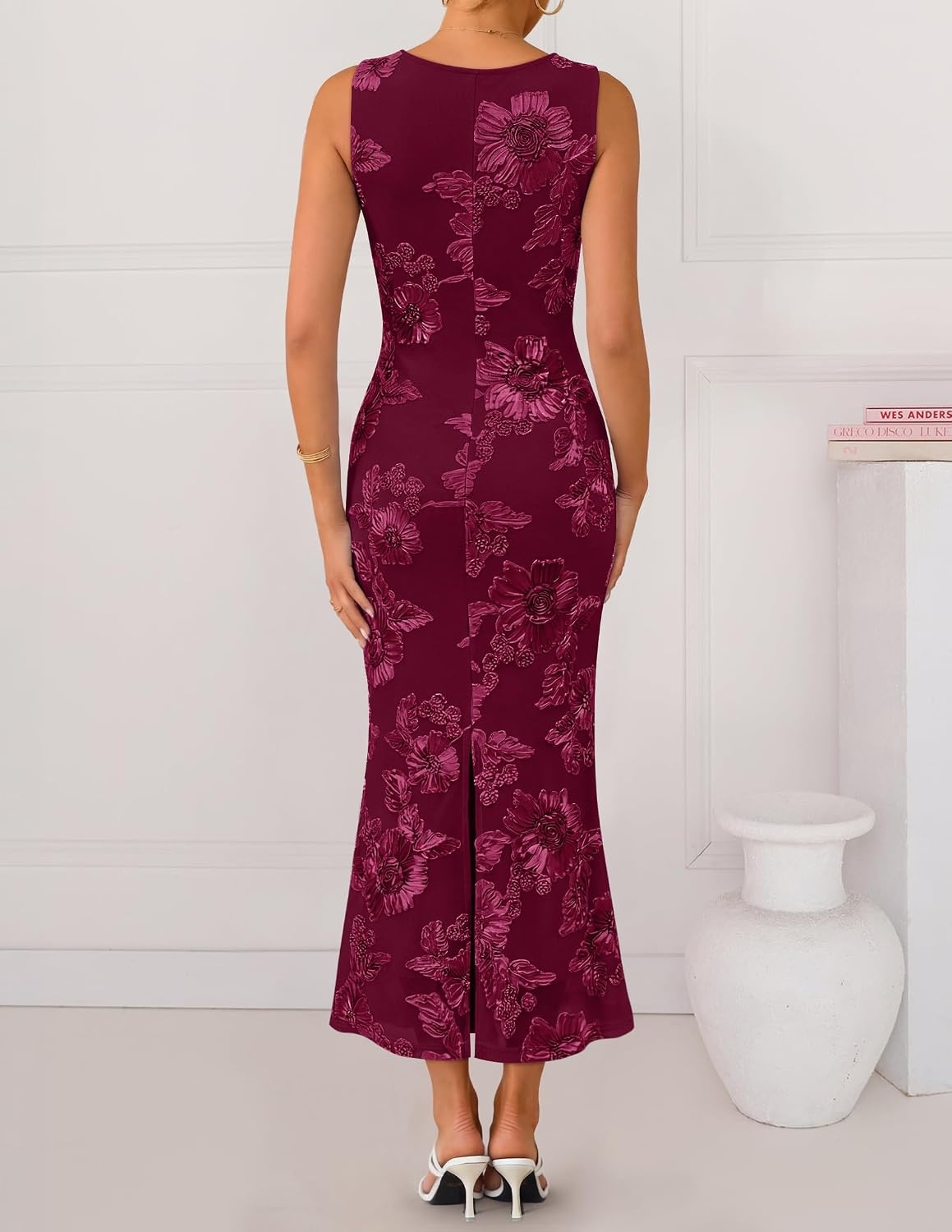 image:imageZESICA Womens Floral Mesh Slit Bodycon Wedding Guest Cocktail Midi Dress 2026 Summer Sleeveless Semi Formal Party Elegant Bridal Shower Bridesmaid Sexy Prom Beach Vacation Birthday DressesWine