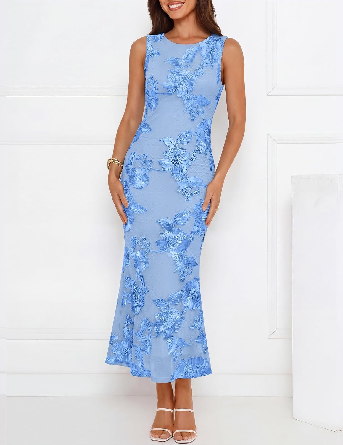 image:imageZESICA Womens Floral Mesh Slit Bodycon Wedding Guest Cocktail Midi Dress 2026 Summer Sleeveless Semi Formal Party Elegant Bridal Shower Bridesmaid Sexy Prom Beach Vacation Birthday DressesBlue