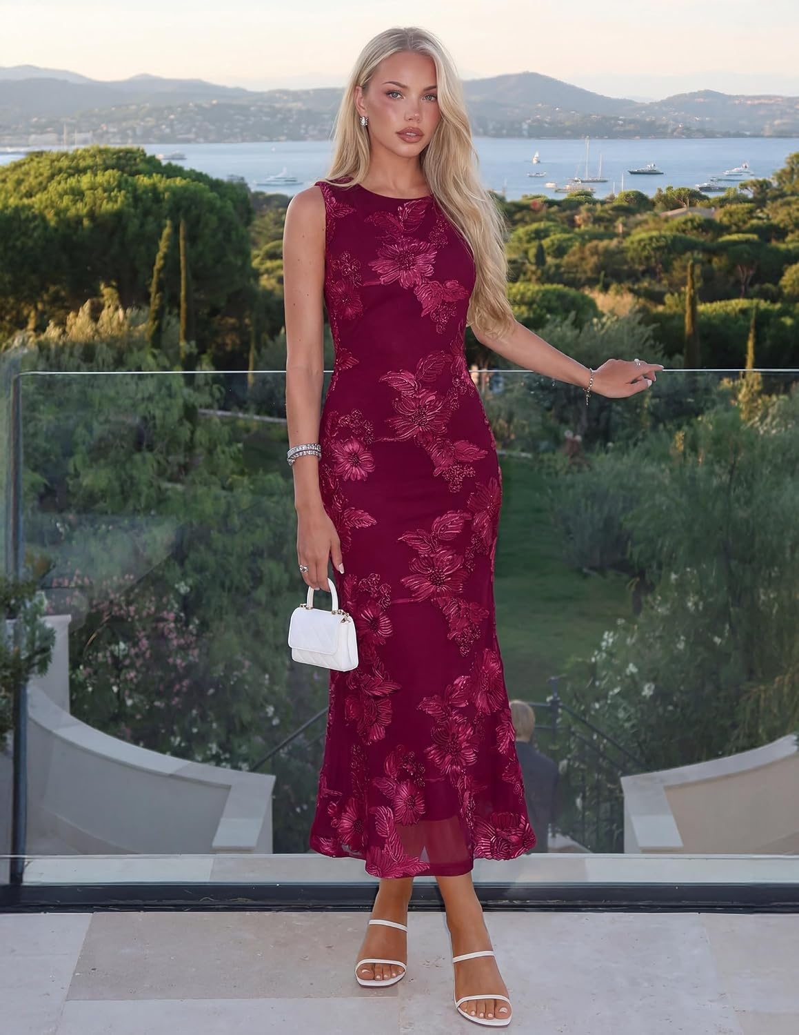 image:imageZESICA Womens Floral Mesh Slit Bodycon Wedding Guest Cocktail Midi Dress 2026 Summer Sleeveless Semi Formal Party Elegant Bridal Shower Bridesmaid Sexy Prom Beach Vacation Birthday DressesWine
