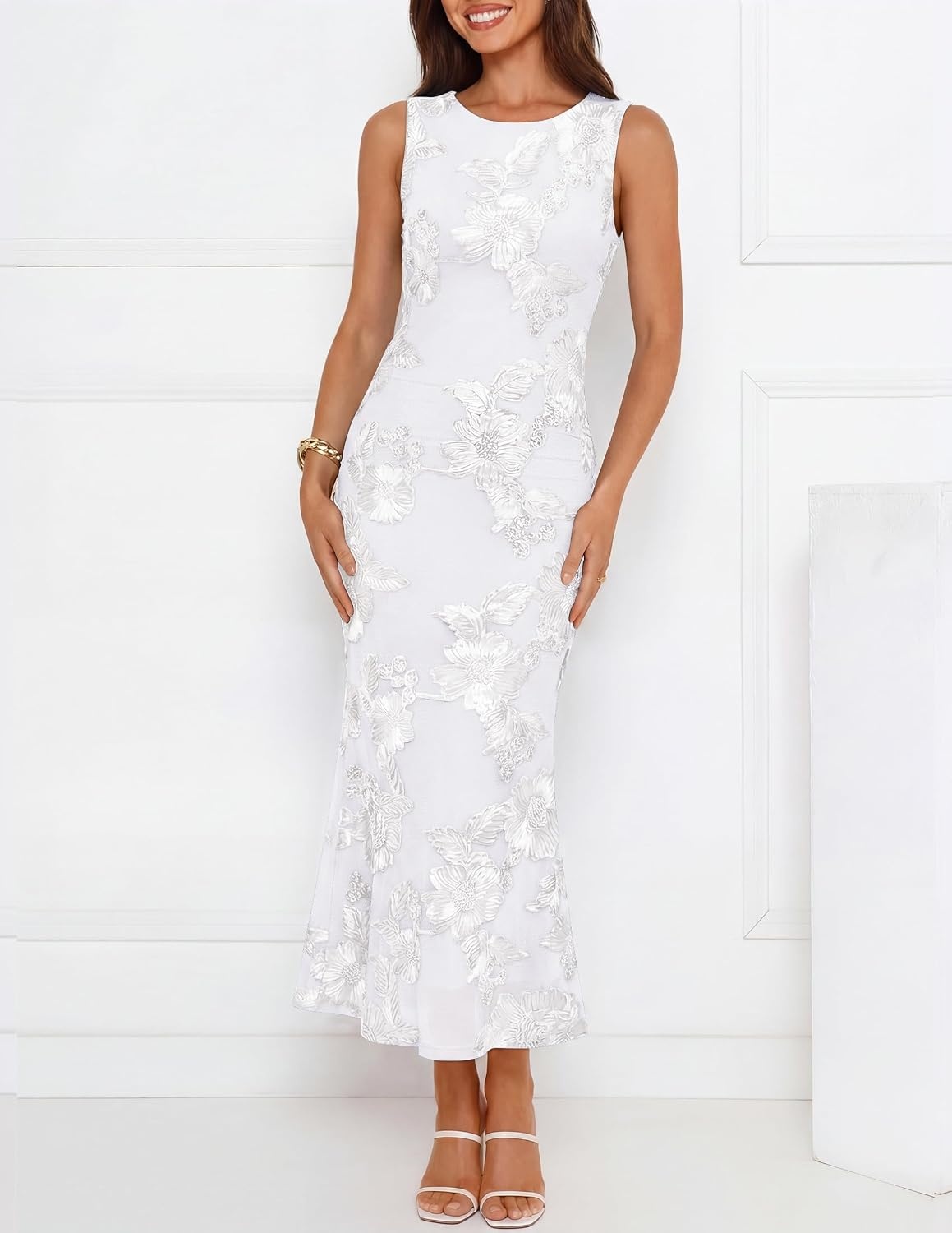 image:imageZESICA Womens Floral Mesh Slit Bodycon Wedding Guest Cocktail Midi Dress 2026 Summer Sleeveless Semi Formal Party Elegant Bridal Shower Bridesmaid Sexy Prom Beach Vacation Birthday DressesWhite