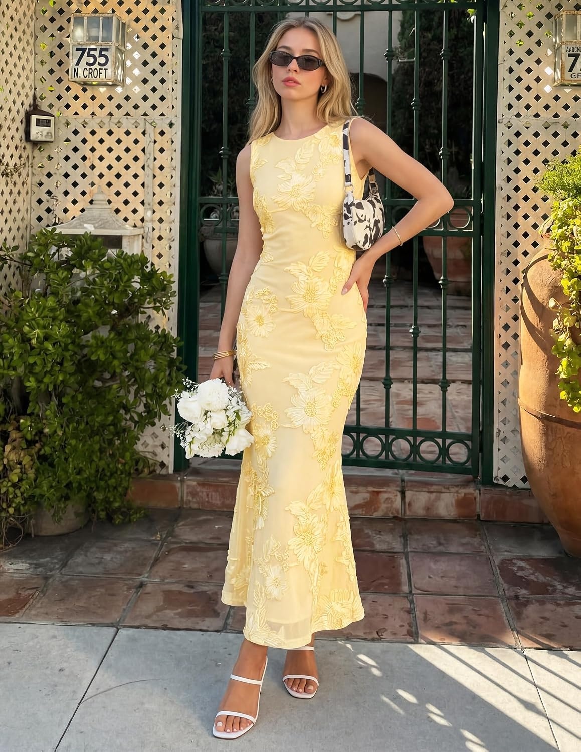 image:imageZESICA Womens Floral Mesh Slit Bodycon Wedding Guest Cocktail Midi Dress 2026 Summer Sleeveless Semi Formal Party Elegant Bridal Shower Bridesmaid Sexy Prom Beach Vacation Birthday DressesYellow
