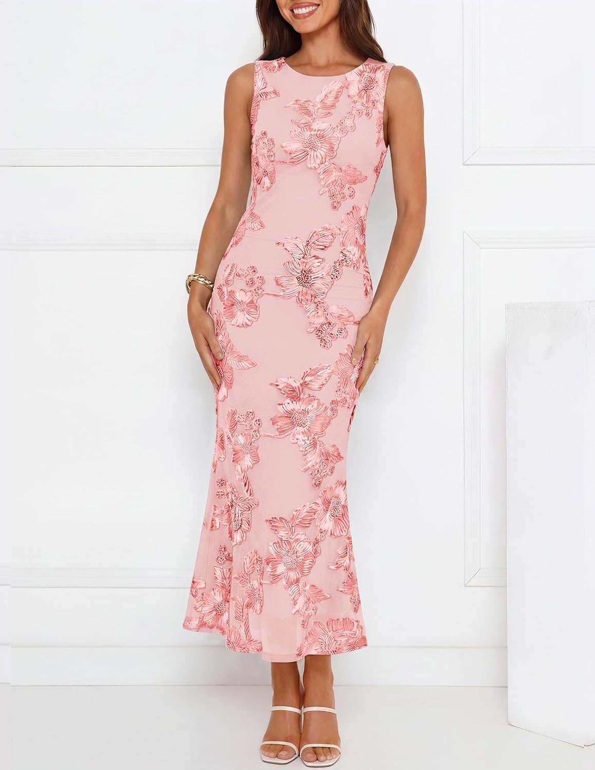 image:imageZESICA Womens Floral Mesh Slit Bodycon Wedding Guest Cocktail Midi Dress 2026 Summer Sleeveless Semi Formal Party Elegant Bridal Shower Bridesmaid Sexy Prom Beach Vacation Birthday DressesPink
