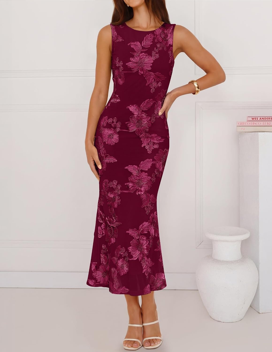 image:imageZESICA Womens Floral Mesh Slit Bodycon Wedding Guest Cocktail Midi Dress 2026 Summer Sleeveless Semi Formal Party Elegant Bridal Shower Bridesmaid Sexy Prom Beach Vacation Birthday DressesWine