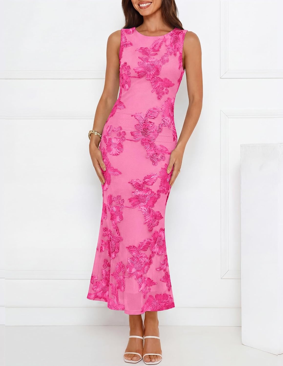 image:imageZESICA Womens Floral Mesh Slit Bodycon Wedding Guest Cocktail Midi Dress 2026 Summer Sleeveless Semi Formal Party Elegant Bridal Shower Bridesmaid Sexy Prom Beach Vacation Birthday DressesRose