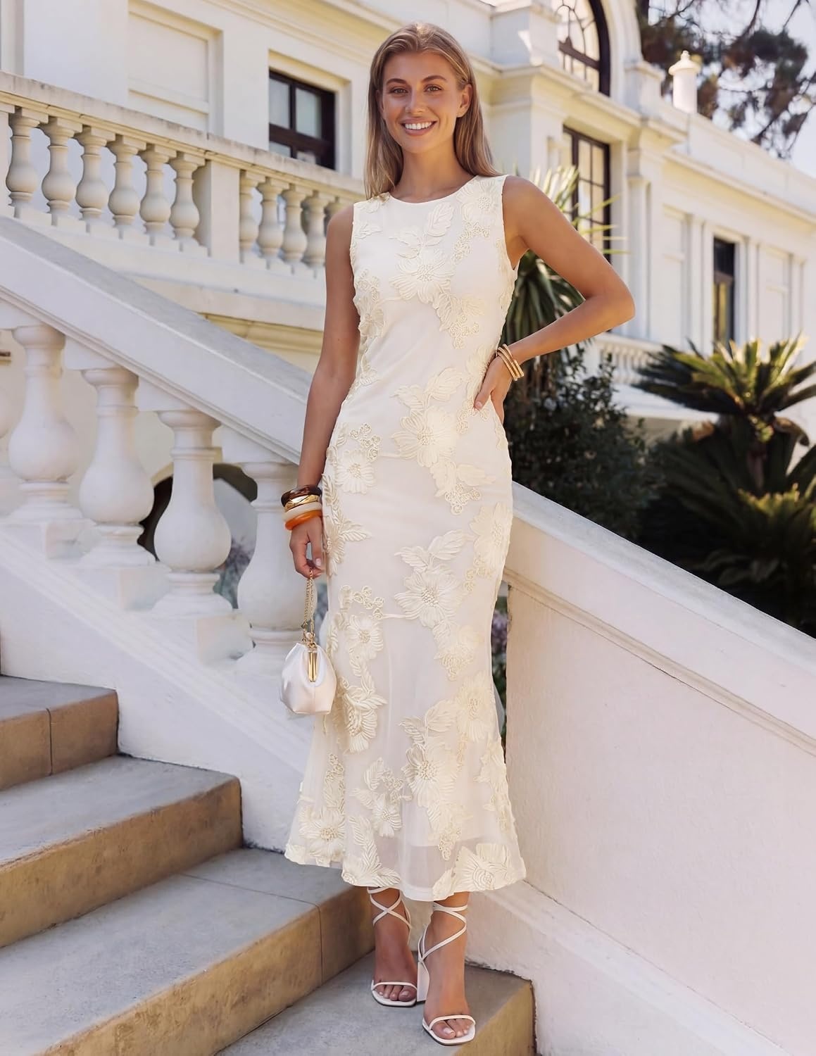image:imageZESICA Womens Floral Mesh Slit Bodycon Wedding Guest Cocktail Midi Dress 2026 Summer Sleeveless Semi Formal Party Elegant Bridal Shower Bridesmaid Sexy Prom Beach Vacation Birthday DressesApricot