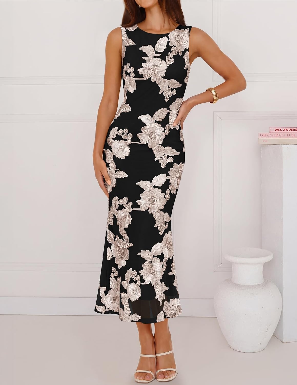 image:imageZESICA Womens Floral Mesh Slit Bodycon Wedding Guest Cocktail Midi Dress 2026 Summer Sleeveless Semi Formal Party Elegant Bridal Shower Bridesmaid Sexy Prom Beach Vacation Birthday DressesBlack
