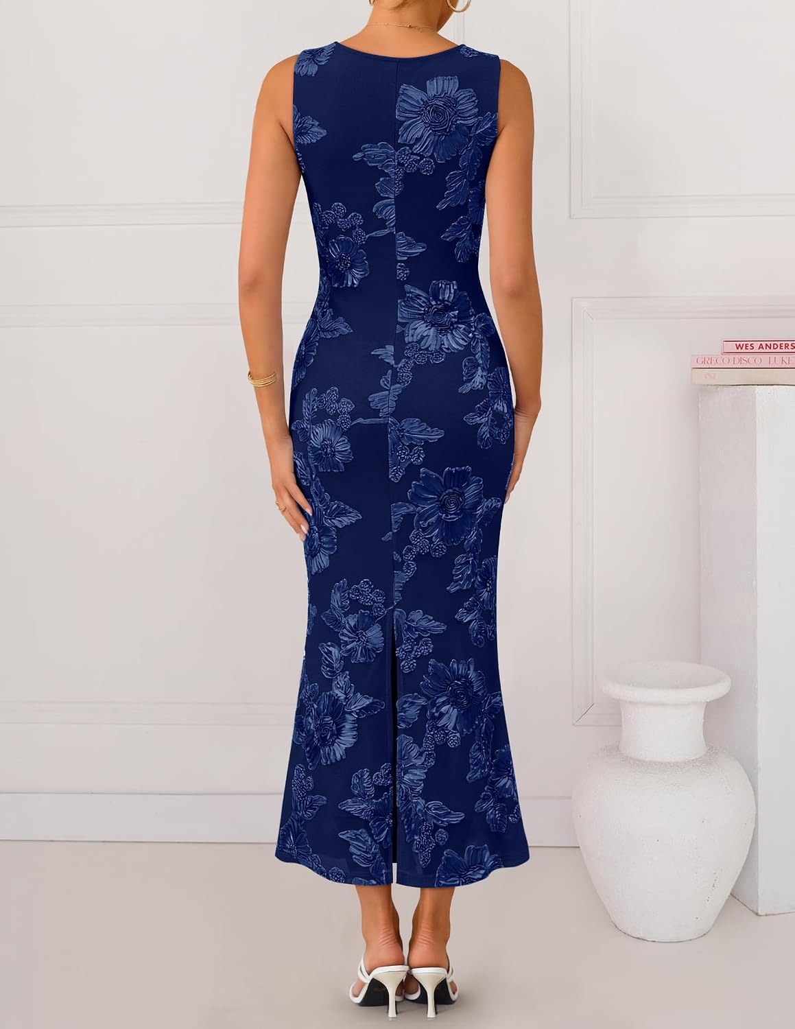 image:imageZESICA Womens Floral Mesh Slit Bodycon Wedding Guest Cocktail Midi Dress 2026 Summer Sleeveless Semi Formal Party Elegant Bridal Shower Bridesmaid Sexy Prom Beach Vacation Birthday DressesNavy
