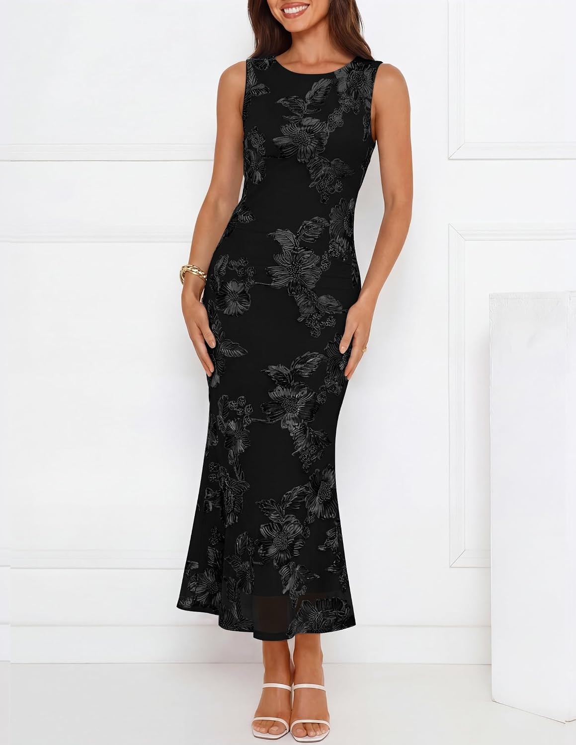 image:imageZESICA Womens Floral Mesh Slit Bodycon Wedding Guest Cocktail Midi Dress 2026 Summer Sleeveless Semi Formal Party Elegant Bridal Shower Bridesmaid Sexy Prom Beach Vacation Birthday DressesDim
