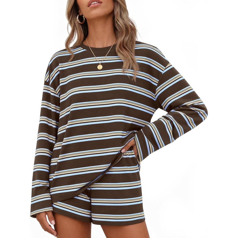 image:imageZESICA Womens 2 Piece Striped Short Sets Fall Lounge Outfit Long Sleeve Tops and Shorts Loose Fit Comfy Matching Sets Cute Pajamas Airport Travel ClothesDarkcoffee