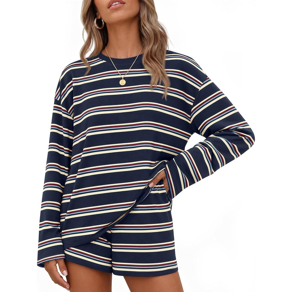 image:imageZESICA Womens 2 Piece Striped Short Sets Fall Lounge Outfit Long Sleeve Tops and Shorts Loose Fit Comfy Matching Sets Cute Pajamas Airport Travel ClothesNavy