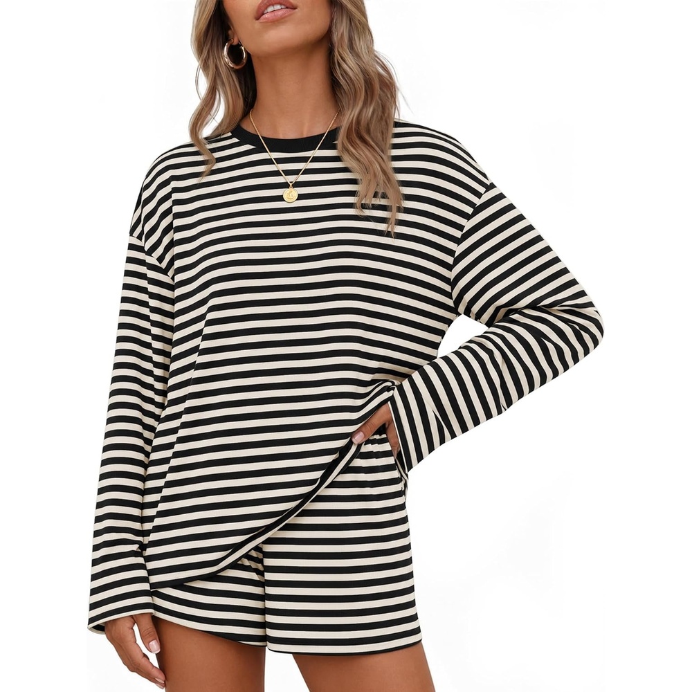 image:imageZESICA Womens 2 Piece Striped Short Sets Fall Lounge Outfit Long Sleeve Tops and Shorts Loose Fit Comfy Matching Sets Cute Pajamas Airport Travel ClothesBlack