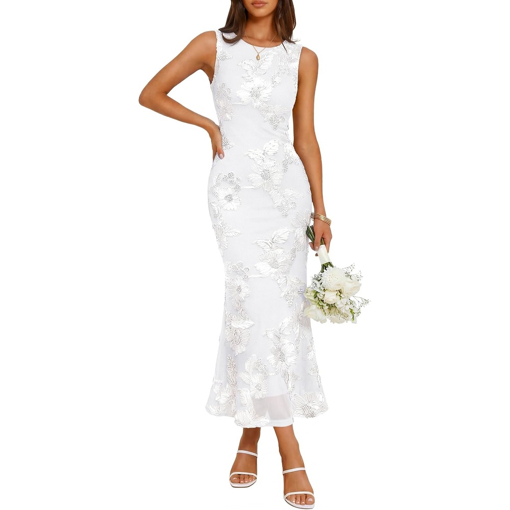 image:imageZESICA Womens Floral Mesh Slit Bodycon Wedding Guest Cocktail Midi Dress 2026 Summer Sleeveless Semi Formal Party Elegant Bridal Shower Bridesmaid Sexy Prom Beach Vacation Birthday DressesWhite