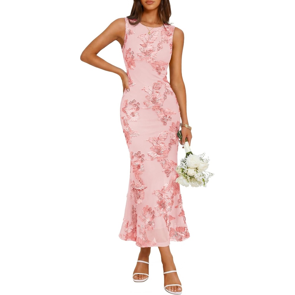 image:imageZESICA Womens Floral Mesh Slit Bodycon Wedding Guest Cocktail Midi Dress 2026 Summer Sleeveless Semi Formal Party Elegant Bridal Shower Bridesmaid Sexy Prom Beach Vacation Birthday DressesPink