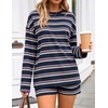 ZESICA Womens 2 Piece Striped Short Sets Fall Lounge Outfit | Long Sleeve Tops and Shorts, Loose Fit, Comfy Matching Sets, Cute Pajamas, Airport Travel Clothes(Navy)