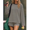 ZESICA Womens 2 Piece Striped Short Sets Fall Lounge Outfit | Long Sleeve Tops and Shorts, Loose Fit, Comfy Matching Sets, Cute Pajamas, Airport Travel Clothes(Black)